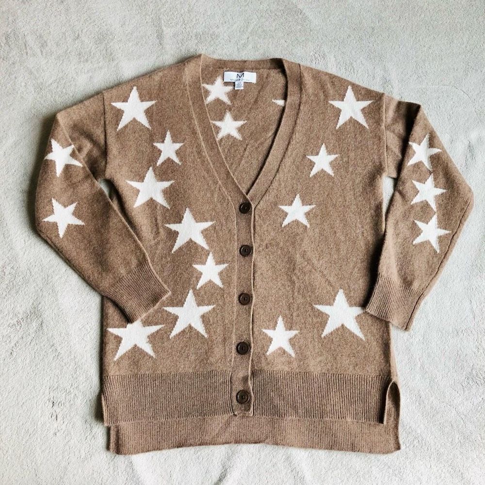 NWOT Magaschoni Star Beige Cashmere V-Neck Button Down Cardigan
